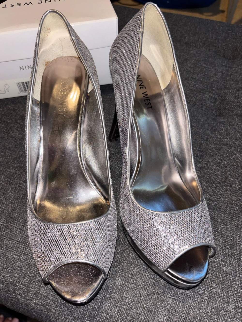 Nine West platform Silver Glitter Peep-Toe Heels